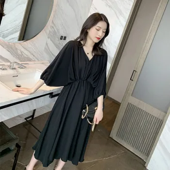 Жената рокля свободни прости твърди Hgih качеството на модерен всичко-Мач корейски стил Batwing ръкав облекло 2020 прекрасен V-образно деколте лято шик