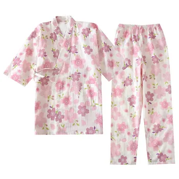 Жени сладък цветен принт сладък свеж стил на пролет и есен новите дами японското кимоно V-образно деколте дрехи+Панталони 2 елемента домашно облекло