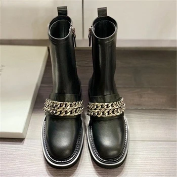 Жените метална верига ботильоны обувки от естествена кожа, дамски ботуши на нисък ток есен зима галоши обувки през цялата стелката на обувки, маратонки