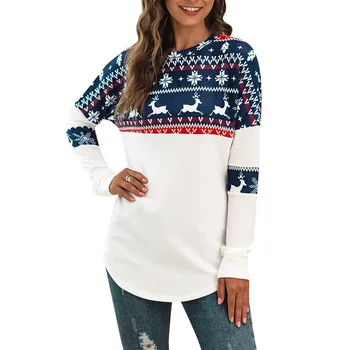 Жените на Коледа тениска 2020 Коледа Нова година тениска дами с дълъг ръкав латание лосове печат пуловери върховете коледни тениски Mujer
