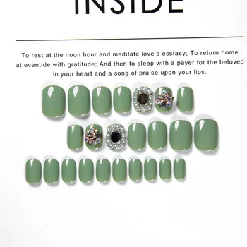 Жените носимые пълно покритие на фалшиви съобщения на ноктите свежи Японски стил на мача на зелено, с блестящи кристали фалшиви нокти с гуле