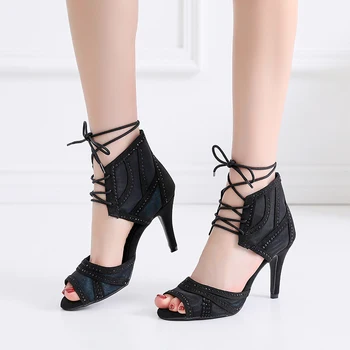 Жените планински кристал латински бални танци обувки черна мека подметка модерен Салса танцови обувки за момичета блясък плат танцови сандали