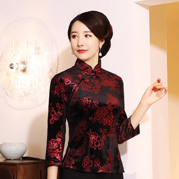 Жените реколта цветя Мандарина яка риза благороден ретро върховете велур блуза китайски стил Тан дрехи голям размер 3XL-5XL