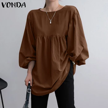 Жените туника с дълъг ръкав блуза 2021 VONDA памук бельо върховете на реколтата дълги ръкави през цялата силует върховете Femininas плюс размер