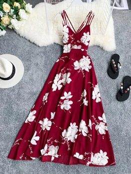 Женствена рокля Boho Dress Fashion Summer Секси V-образно деколте Bodycon Dress Ladies Vintage Floral Printed Backles Spaghetti Long Robe Vestidos