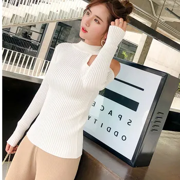 Жилетка черно-бял Clothing 2020 Секси вязаный пуловер с рамо пуловер Пуловер за жени с дълъг ръкав поло женски
