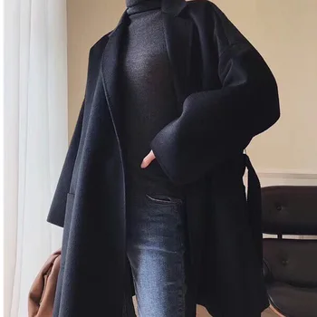 Зима 2020 нов High-end сыпучая вода пулсации кашемировое палто жени черен дълъг чрез шнурове колан двупосочен плюс размера на вълна палто