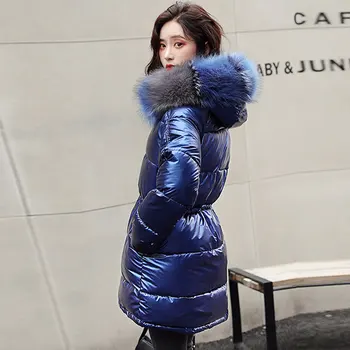 Зимата гланцово Женски памучни палто със средна дължина, с много кожа яка с качулка, дебела стеганая яке свободното си топло палто плюс размер на парка bc20