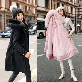 Зимата ново дамско памучни палто със средна дължина, с много кожа яка плюс velvet пуховик