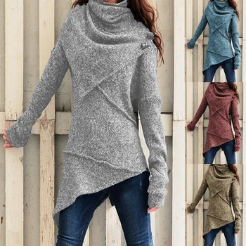 Зимен пуловер Реколта джърси поло пуловери жени с дълъг ръкав скок на нередовно cut случайни тънък пуловер плюс размер 5XL