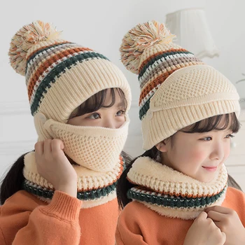 зимна детска шапка шал маска от три части деца плюшени сгъстяват се затопли вязаный пуловер шапка за защита на лицето шията топката шапка шапки