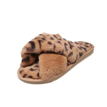 Зимни дамски домашни чехли от изкуствена кожа модни топло обувки женски слипоны на равна подметка Дамски джапанки леопардовые плюс размер на 41 YYJ128