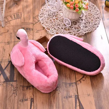 Зимни дамски чехли топла домашна плюшен обувки закрит фламинго карикатура на корицата на петата приплъзване на меки унисекс домашни обувки кожа туфелька