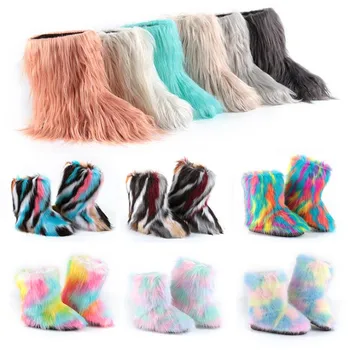 Зимни женски пухкави снежни ботуши от изкуствена лисьего кожа за дамски плюшени ботуши дамски топла луксозна обувки Дамски кожен памучен обувки 2020