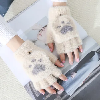 Зимни топли меки зайци кожа възли ръкавици жени флип половината от пръста дебели плюшени сладък картун котка Нокът сензорен екран шофиране ръкавици I1