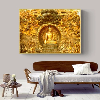 Златен Господ Буда картини с маслени бои върху платно религиозни плакати и щампи Cuadros Wall Art Pictures за всекидневна Декор