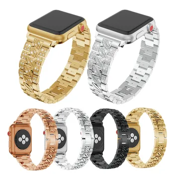 Златен / черен стоманена Diamond каишка за Apple Watch Band 44/40 мм 38/42 мм момичета / жени мода гривни за iWatch Series SE 6 5 4 3 2