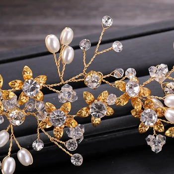 Злато имитация на перли, Кристали, цвете сватба лента за глава диадема жени накити за косата T4MD