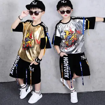 Злато сребро деца Джаз комплект дрехи танци Блясък с пайети момичета момчета от хип-хоп летни шоу екипировки за 6 8 10 12 14 години