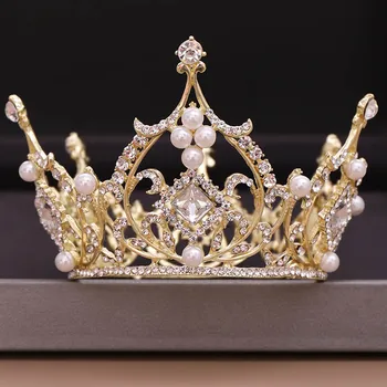 Злато / сребро цвят пълен кръг Кристали, перли, диадеми и короната de Noiva сватба булка косата бижута и аксесоари превръзки