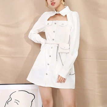 [ИАЛ] Women White Hollow Out Temperament Dress New Lapel Long Sleeve Loose Fit Fashion Tide пролет есен 2021 1DA24600