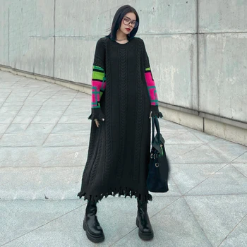 [ИАЛ] жените разменяйте голям е размерът на дълга плетене на една дълга рокля на нов кръг деколте с дълъг ръкав свободен покрой мода есен-зима 2021 1DD1702