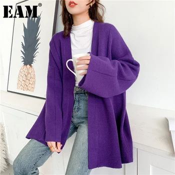 [ИАЛ] лилаво голям размер плетене на пуловер, жилетка свободна засаждане V-образно деколте с дълъг ръкав за жени нова мода прилив на Есен Зима 2021 1DA708