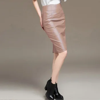 Изкуствена кожа дамски 2020 Нова мода Midi Висока Талия Bodycon елегантен офис дами работят молив поли с дължина до коляното плюс размер