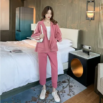 Интернет знаменитост, спортни и ежедневни дамски костюм пролет и есен на мода спортен костюм корейски стил палто и панталони от две части, костюм