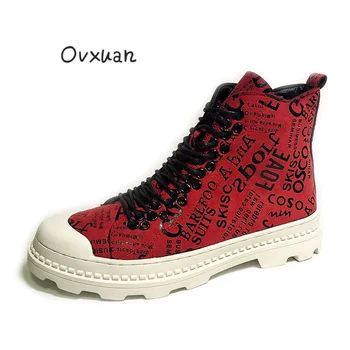 Истински OVXUAN мъжки дизайнерски ежедневни обувки, мъжки реколта ботильоны британските луксозни червени кожени обувки на танкетке хип хоп Мартин ботуши