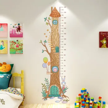 Карикатура диаграма на растежа на височина мярка стикери стена детска стая декор животни дърво къща дете развъдник за декорация на дома тапети