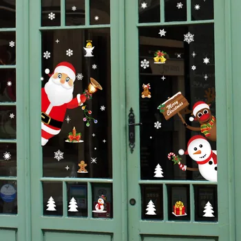 Карикатура коледни стикери за витрини прозорци подвижна Дядо Коледа, Снежен човек стикер лепило за PVC, Нова година стъклена рисувани аксесоари за дома
