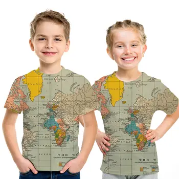 Карта на Земята 3D печатни Детски тениски лятна мода карта момчета и момичета ежедневни градинска дрехи ризи с къс ръкав