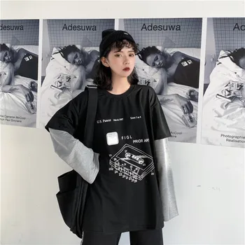 Качулки жени Лято Есен шик Harajuku печат фалшиви от две части ретро тийнейджъри градинска BF стил колеж с дълъг ръкав дами сива врана