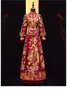 Китайската традиционна сватба сватбена стилна дълга рокля Рокля елегантна булката дракон, феникс Реколта китайски дрехи