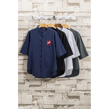 Китайски Trsditional риза Тан костюми за възрастни мъже Половината ръкави-бродерия памук топ Кунг-Фу, Тай-Чи тениски, ежедневни облекла