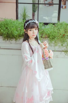 Китайски стил vintage sweet lolita dress еластична превръзка бродерия сладък печатане на фалшиви две части викторианска облечи kawaii момиче op cosplay