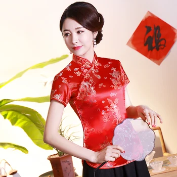 Китайски стил сатен блуза Реколта район Дракон риза на булката на сватбата дрехи класически етап от изпълнението на върховете на гигантски 3XL 4XL