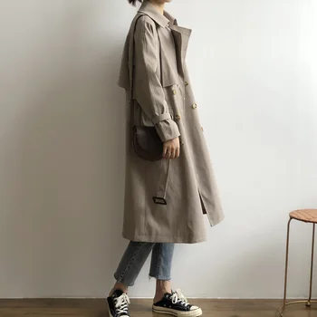 Класически двубортный дълъг тренч палтото на жената есен мода 2020 елегантен сив син на горно облекло офис Дама корейски шик диагонални палто