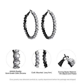 Класически женски кръг Crystal голям обръч обици Чар 14KT черното злато Сватбени обици, мода Бял Циркон обеци за жени