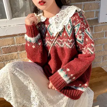 Коледа пуловер жени прекрасен ретро шик Ulzzang модерен акрилни дизайн колеж тийнейджъри трикотаж всички-Мач ежедневни Дамски дрехи