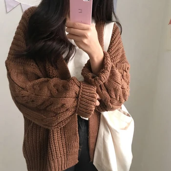 Корейската зима дамски нова 2019 обрат свободен дълъг ръкав вязаный пуловер, жилетка палто дебели зимни жени Harajuku жилетки пуловер