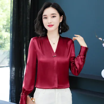 Корейската Мода Копринени Дамски Блузи Сатен Офис Дама