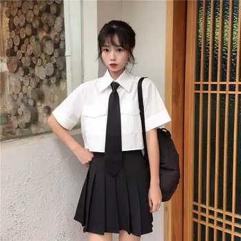 Корейската Училищна Форма На Дамска Бяла Блуза, Риза Нерегулярная Отпред Е Къса Отзад Дълъг Съкратен Топ Летни Блузи С Къс Ръкав С Равенство