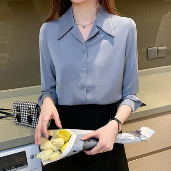 Корейски жени копринени ризи жена сатенени блузи риза жени с дълъг ръкав бяла риза ежедневни жена V образно деколте, блуза, блузи, плюс размер XXL