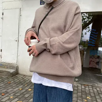 Корейски стил за мъже изискан свободни ежедневни пуловер плътен цвят на козината отличителни яка кашмир Плетене с дълъг ръкав вълнени пуловери