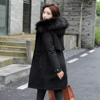 Корейски стил на дамско зимно дълго палто с качулка тънък вълнен подложка дамско яке с кожа яка плюс размера на твърди дебели женски паркове