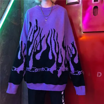 Корейски стил пламък пуловер harajuku Fashion мода плетени свободни Batwing ръкав на ежедневни дълги печатни свободни гадже пуловер