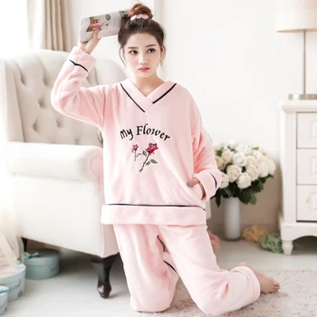 корейски фланела топли пижами за жени с дълъг ръкав домашен костюм дамски пижами кадифе пижама комплект дебели Feminino пижама панталони