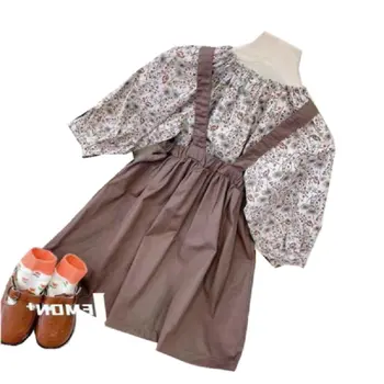 Костюм за момичета елегантен цветен Дворец топ с подтяжками рокля от две части комплекти есента на нови детски памучни ризи с дълъг ръкав, комплекти